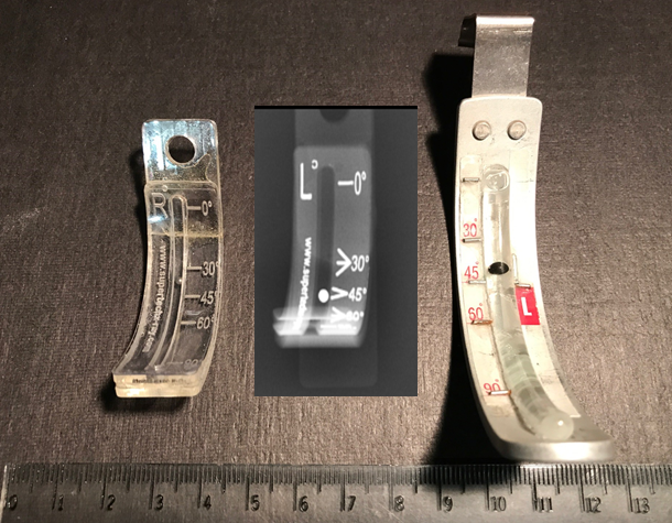  An x-ray marker that attaches to an x-ray cassette and can indicate that the angular position of a patient receiving a bed-side chest x-ray.  The device has a curved configuration with a channel containing a bead that tracks the patient’s bed’s incline angle and shows up on the x-ray film. 